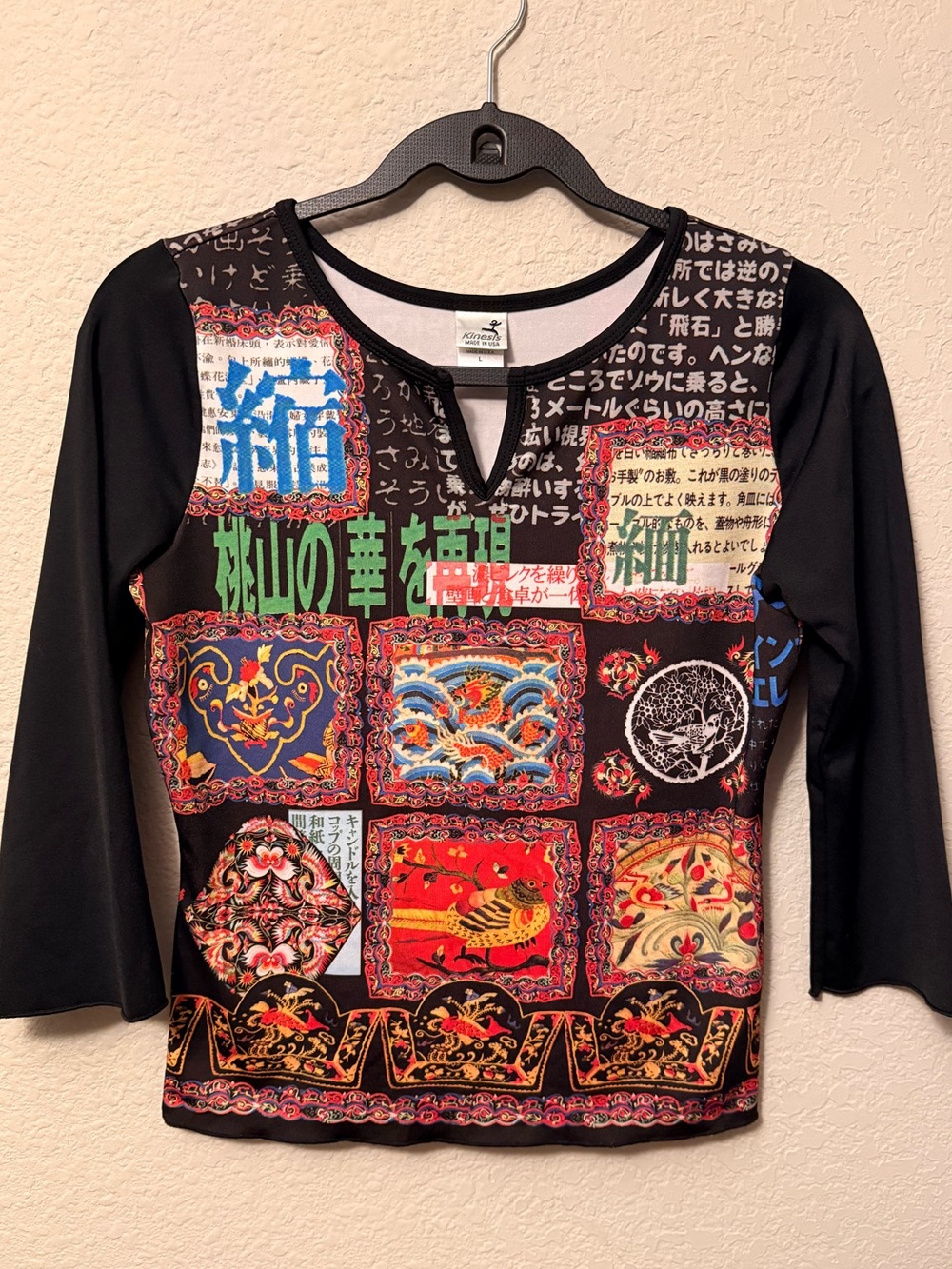 Kinesis Vintage Y2K Black Graphic Patchwork Style Long Sleeve Tee